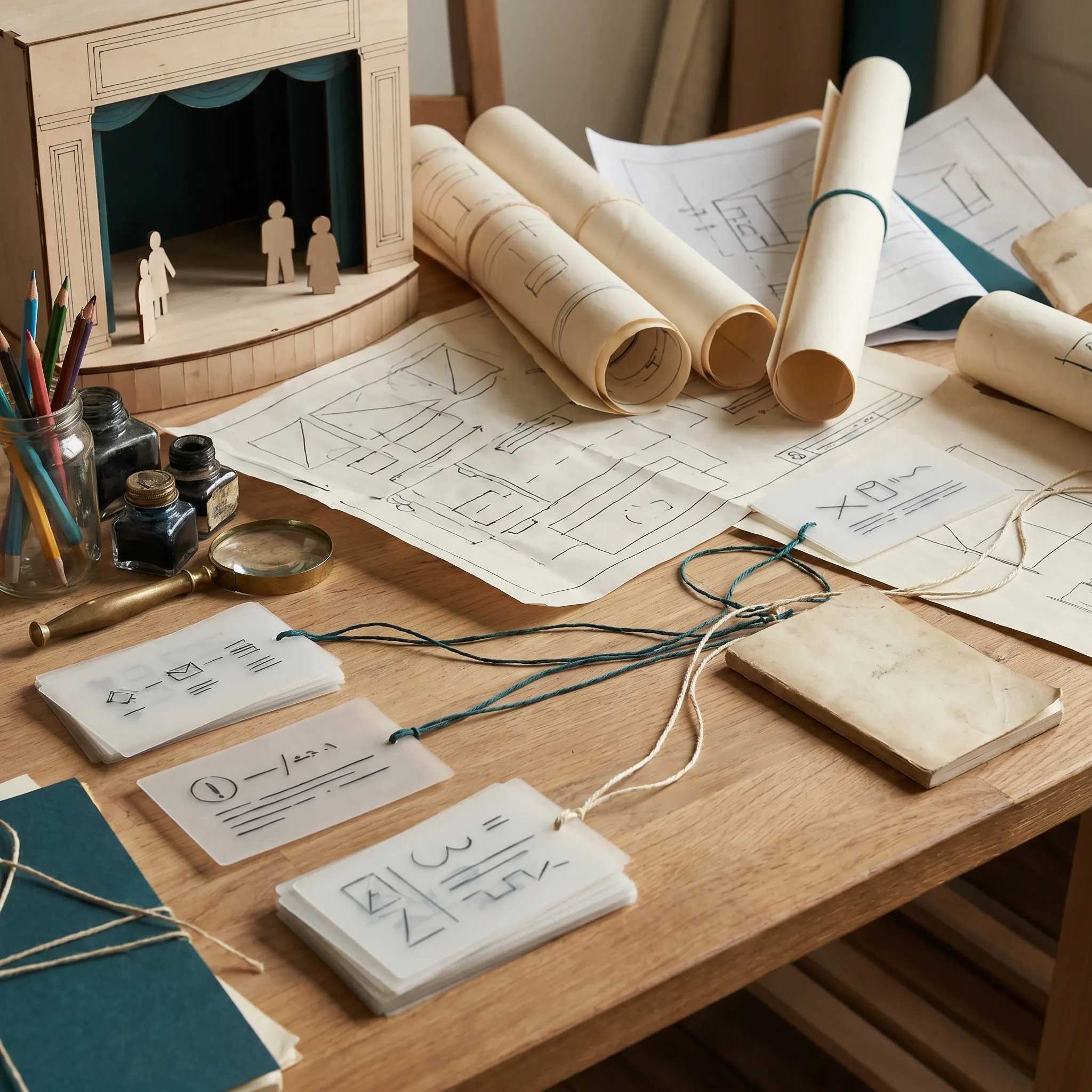 A workshop table for arranging LLM taxonomy notes and stage cues