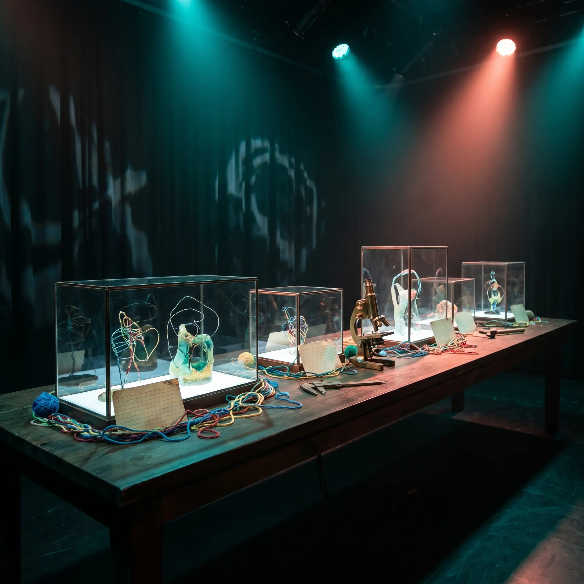A table of model behavior specimens arranged under stage lighting